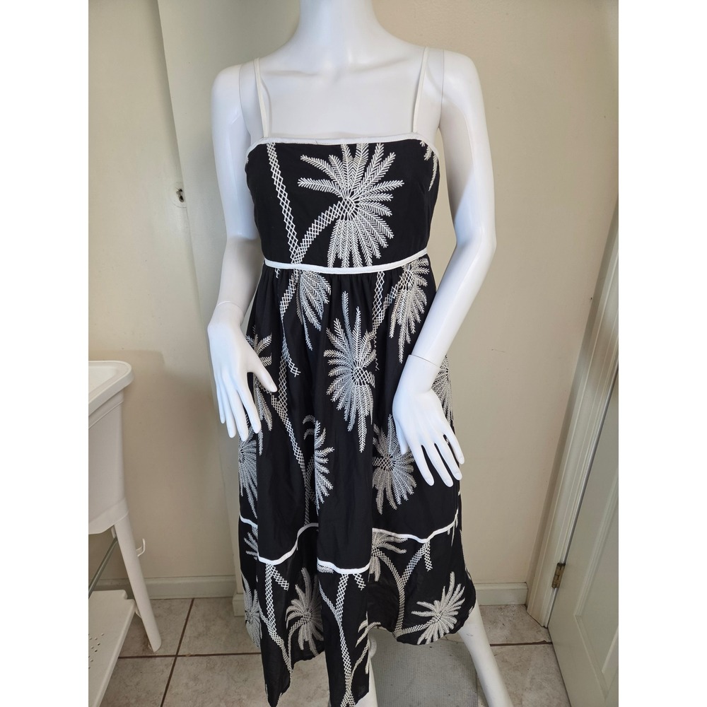 Francescas Black White Palm Tree Embroidered Midi Dress Tie Back Small WS51696